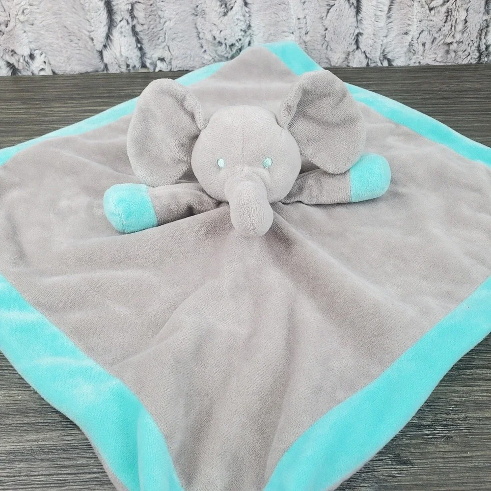 Gray And Turquoise Blue Elephant Baby Lovey Velour Security Comfort Blanket 14